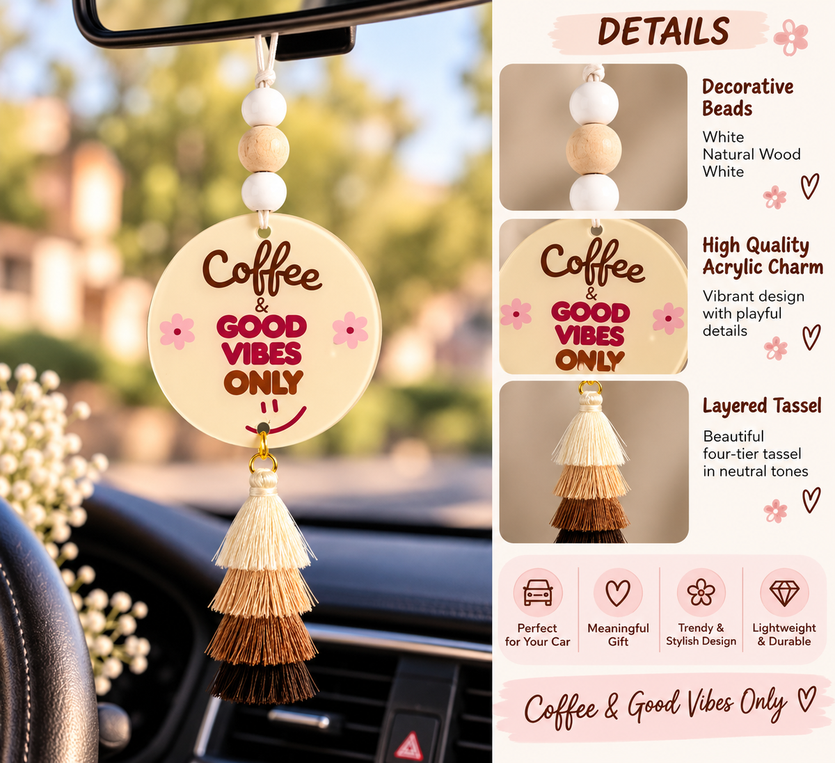 Coffee & Good Vibes Only Acrylic Car Charm | Coffee Lover Rearview Mirror Hanger
