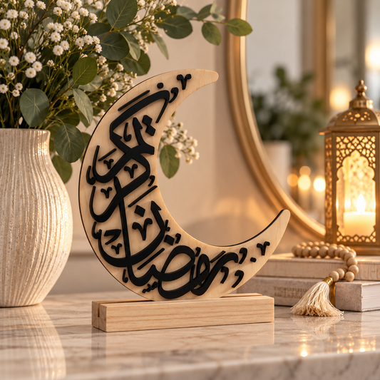 Ramadan Kareem Crescent Moon Decor | Wood & Acrylic Islamic Sign