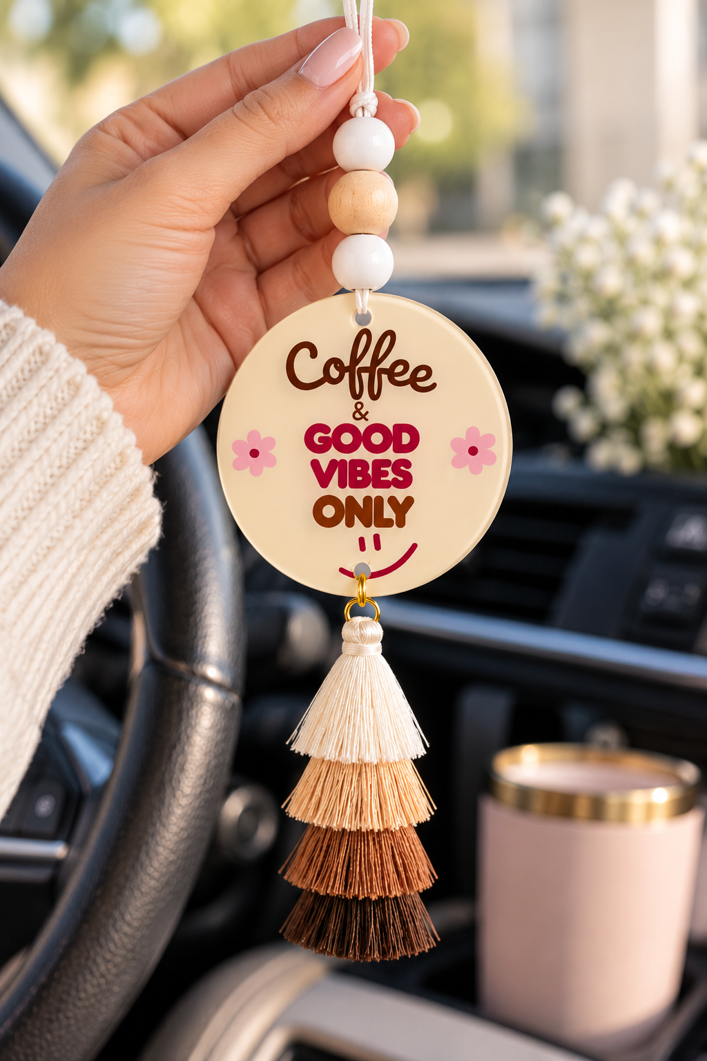 Coffee & Good Vibes Only Acrylic Car Charm | Coffee Lover Rearview Mirror Hanger