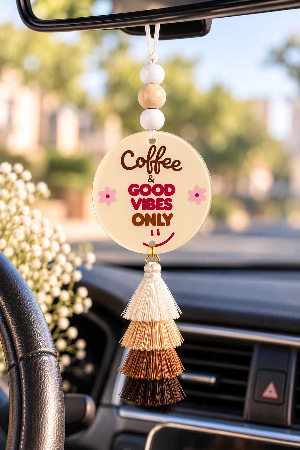 Coffee & Good Vibes Only Acrylic Car Charm | Coffee Lover Rearview Mirror Hanger
