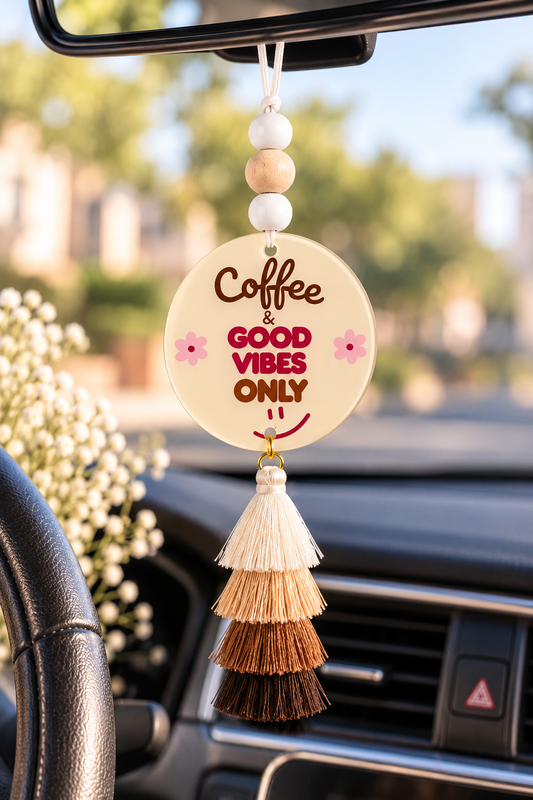 Coffee & Good Vibes Only Acrylic Car Charm | Coffee Lover Rearview Mirror Hanger