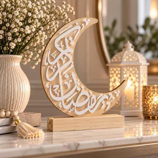 Ramadan Kareem Crescent Moon Decor | Wood & Acrylic Islamic Sign