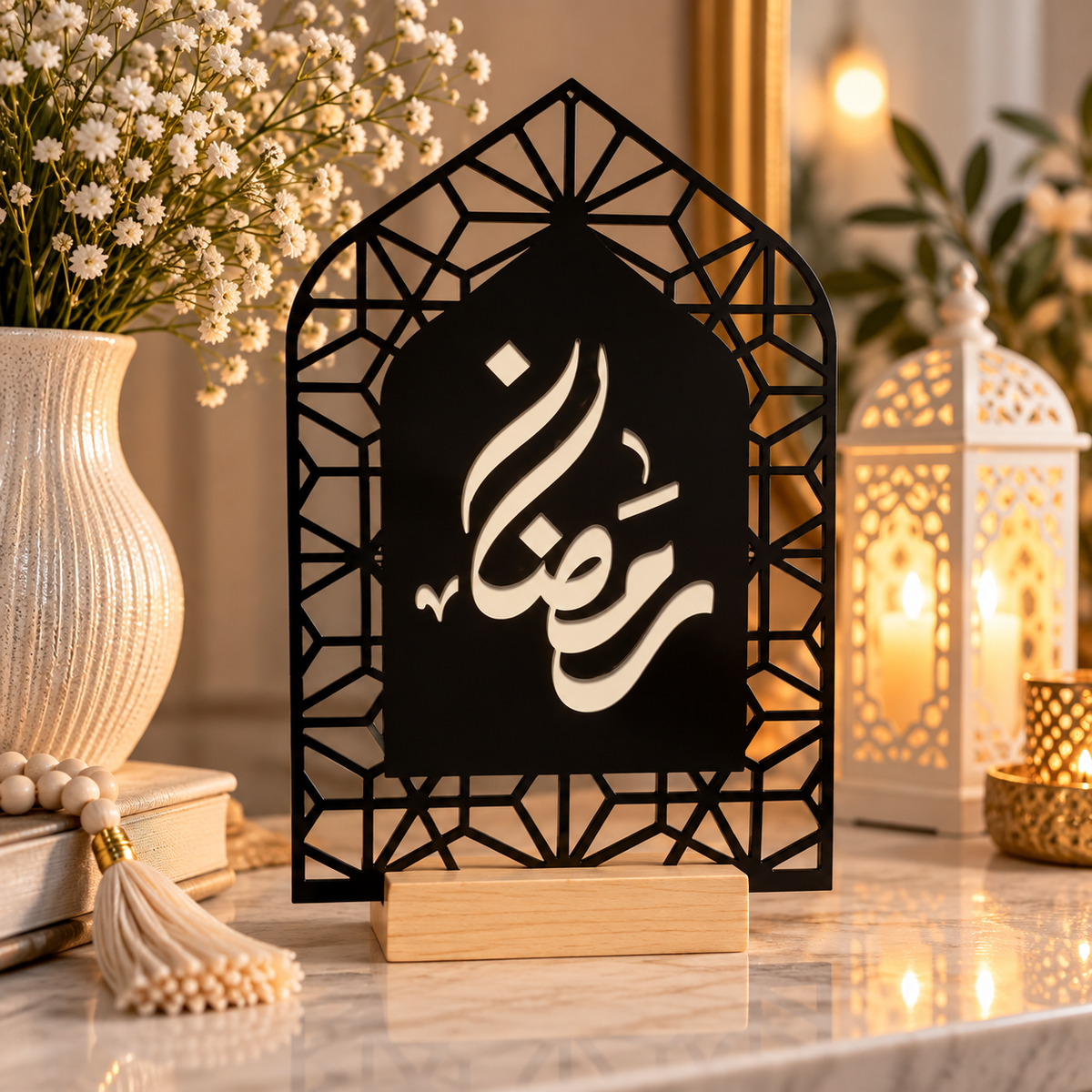 Ramadan Mubarak Sign | Arabic Calligraphy Acrylic & Wood Islamic Decor