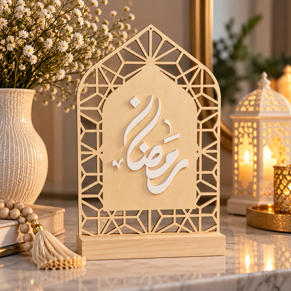 Ramadan Mubarak Sign | Arabic Calligraphy Acrylic & Wood Islamic Decor