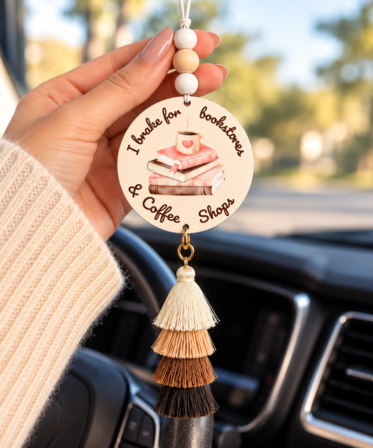 Double-Sided Book Lover Car Hanger | Coffee & Books Rearview Mirror Charm
