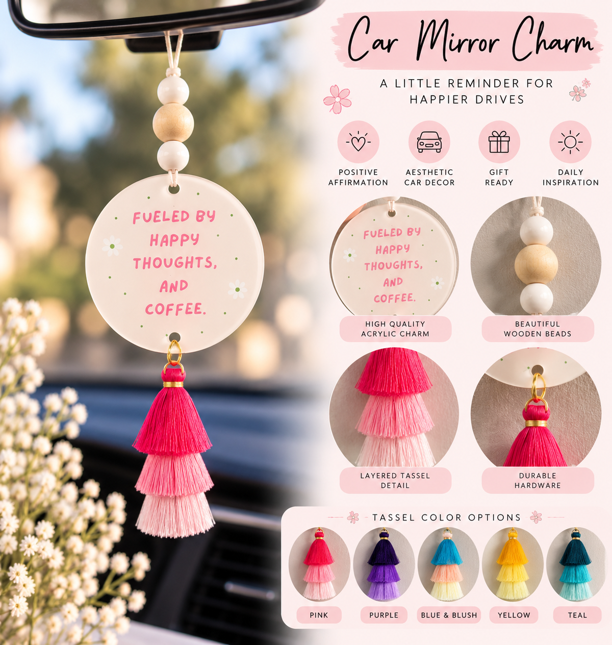 Fueled by Happy Thoughts and Coffee Car Charm | Acrylic Rearview Mirror Hanger