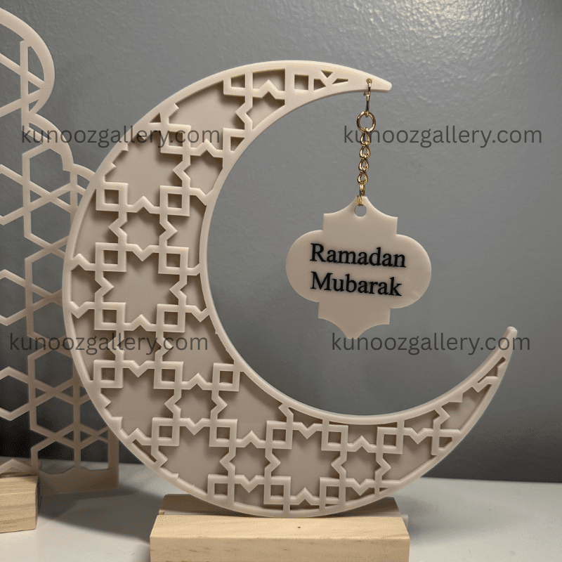 Acrylic Ramadan Crescent Shape With Interchangeable Ramadan and Eid Mubarak Charm - Kunooz Gallery - 