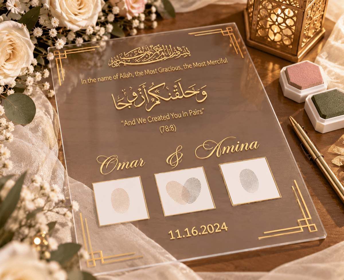 Laser Engraved Islamic Nikkah Acrylic Board Fingerprint Contract - Kunooz Gallery - Islamic Wedding