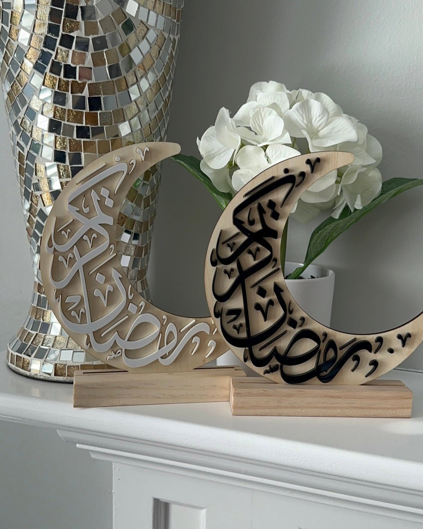 Ramadan Kareem Crescent Shape Wood & Acrylic Sign With Stand - Kunooz Gallery - 