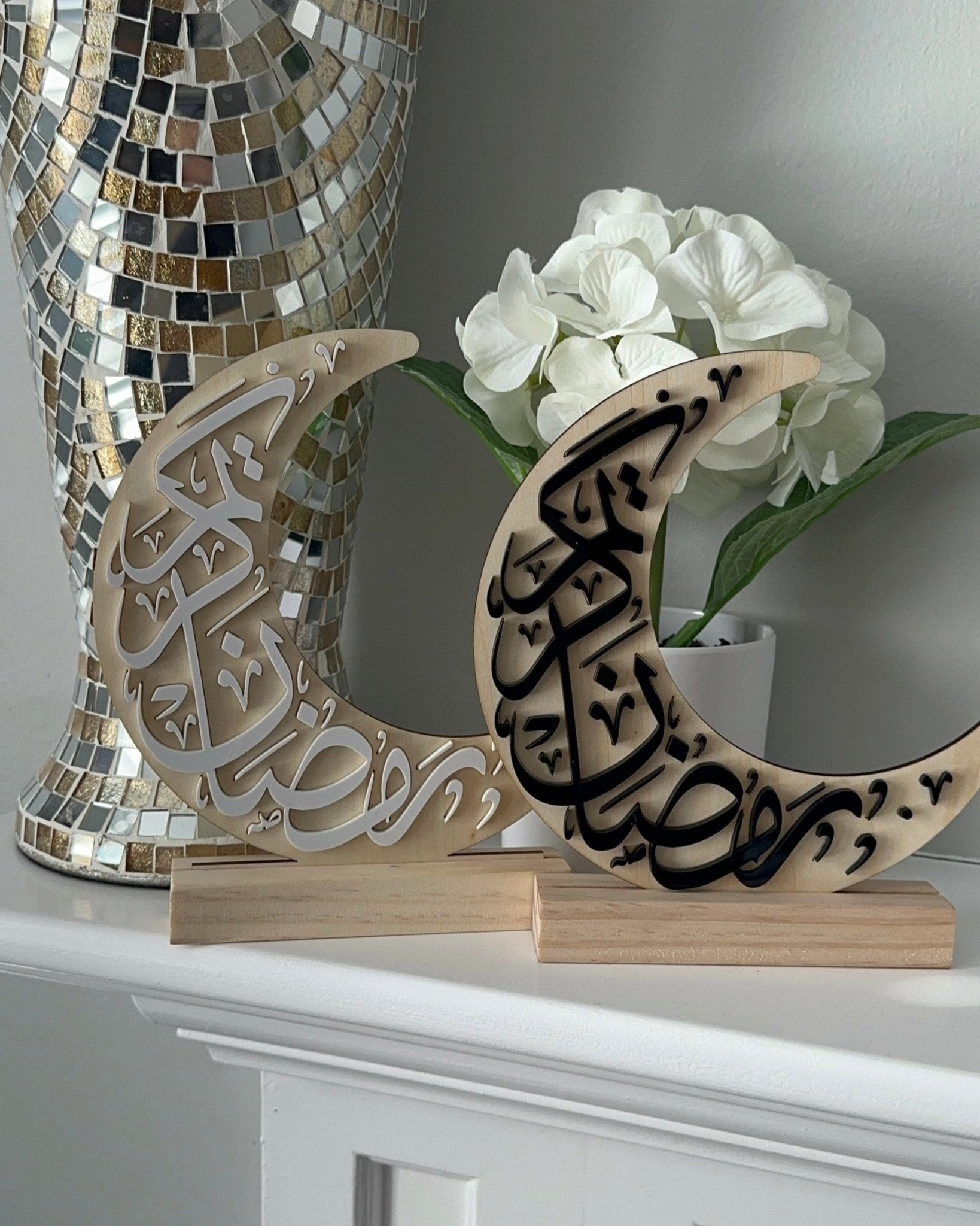 Ramadan Kareem Crescent Shape Wood & Acrylic Sign With Stand - Kunooz Gallery - 