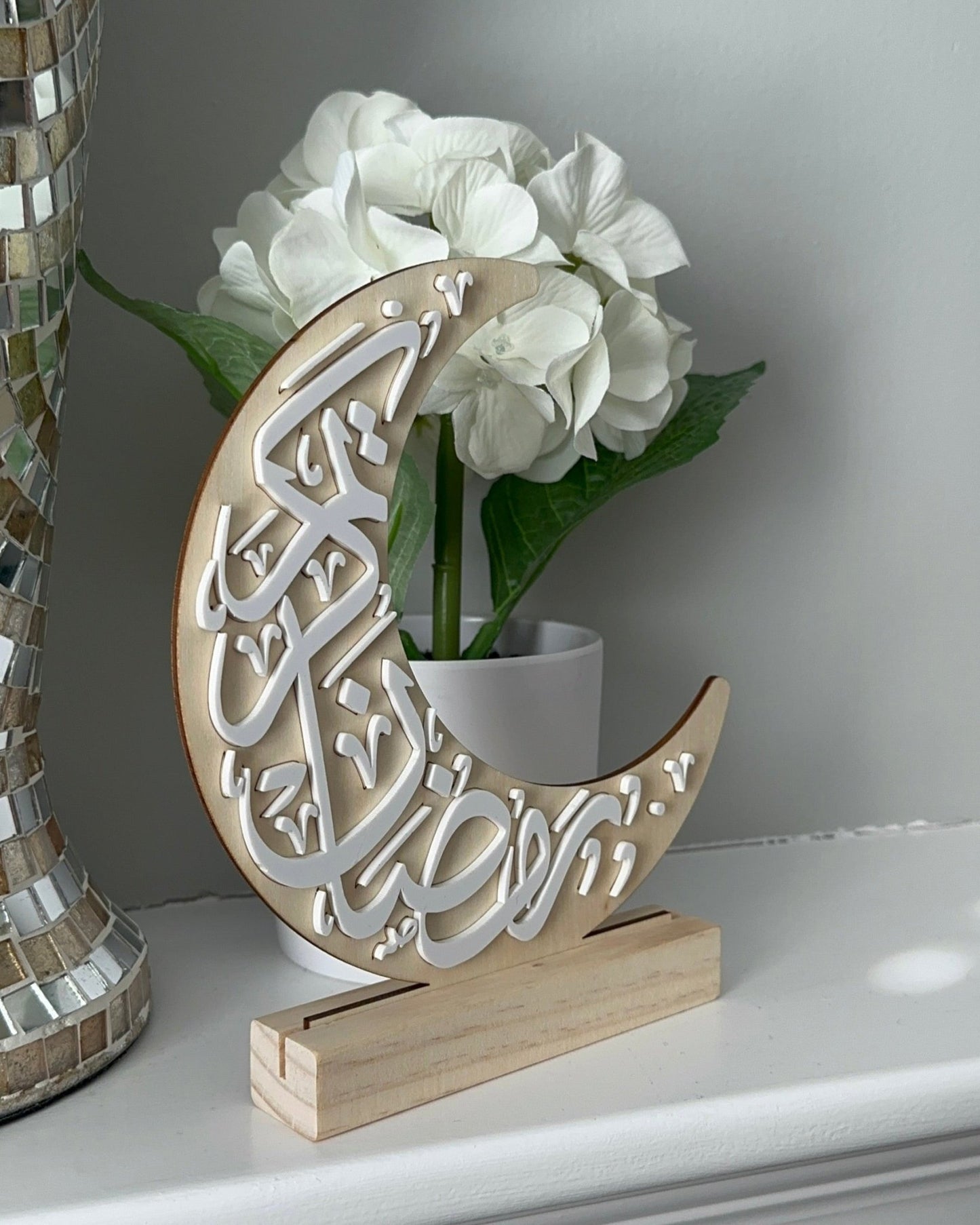 Ramadan Kareem Crescent Shape Wood & Acrylic Sign With Stand - Kunooz Gallery - 