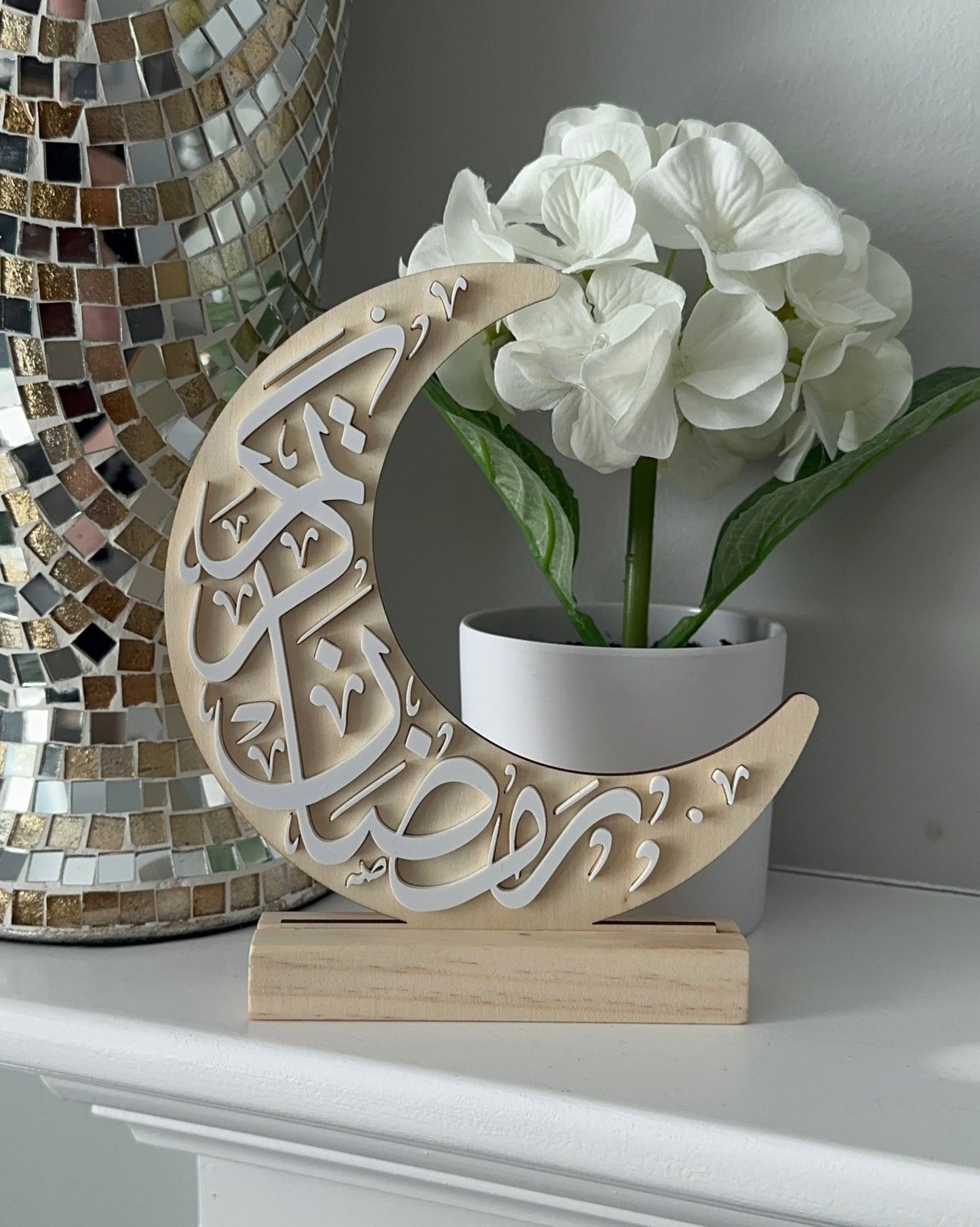 Ramadan Kareem Crescent Shape Wood & Acrylic Sign With Stand - Kunooz Gallery - 