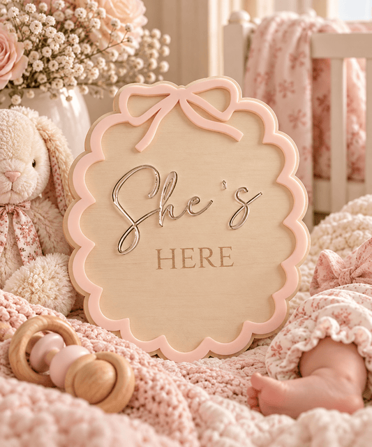 She’s Here Baby Girl Announcement Sign + Baby Birth Stat Sign - Kunooz Gallery -