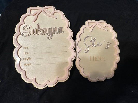 She’s Here Baby Girl Announcement Sign + Baby Birth Stat Sign - Kunooz Gallery -
